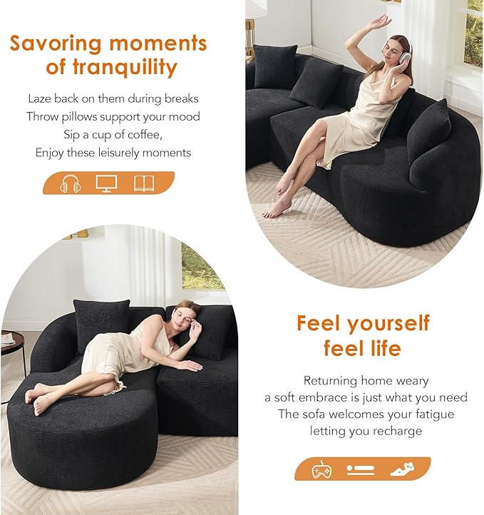 KEIKI L-Shaped Chenille Modular Sectional Couches with Chaise Lounge &amp 4 Pillows 3 Seater Oversized Upholstered Luxury Plush Cloud Sofa for Living Room Apartment Full Sponge Compression