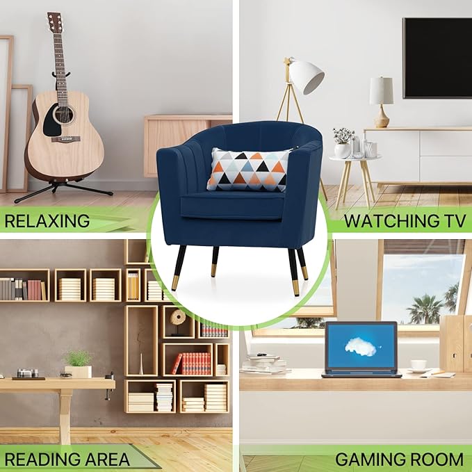 Magshion Barrel Accent Chair with Lumbar Pillow Modern Upholstered Armchair Ergonomic Single Sofa Chair for Living Room Bedroom Office 550 lbs Capacity - Navy Blue