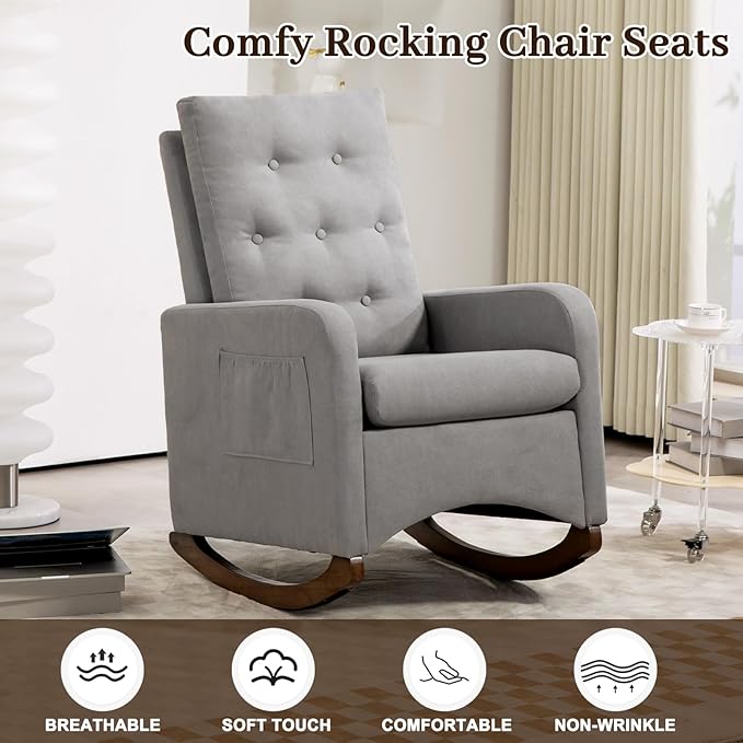 GarveeHome Upholstered Rocking Chair Accent Chair Nursery Rocking Chairs in Teddy Fabric with High Backrest Side Pocket and Rubber Wood Legs Comfy Nursing Chair for Living Room Gray (Gray)