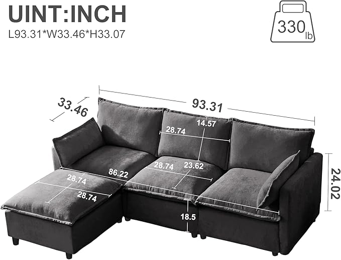 93'' Cloud Modular Sectional Couch with Convertible Removable Ottoman Oversized L Shape Sofa Deep Seat Sofa with Throw Pillows for Living Room Bedroom Apartment (Gray)