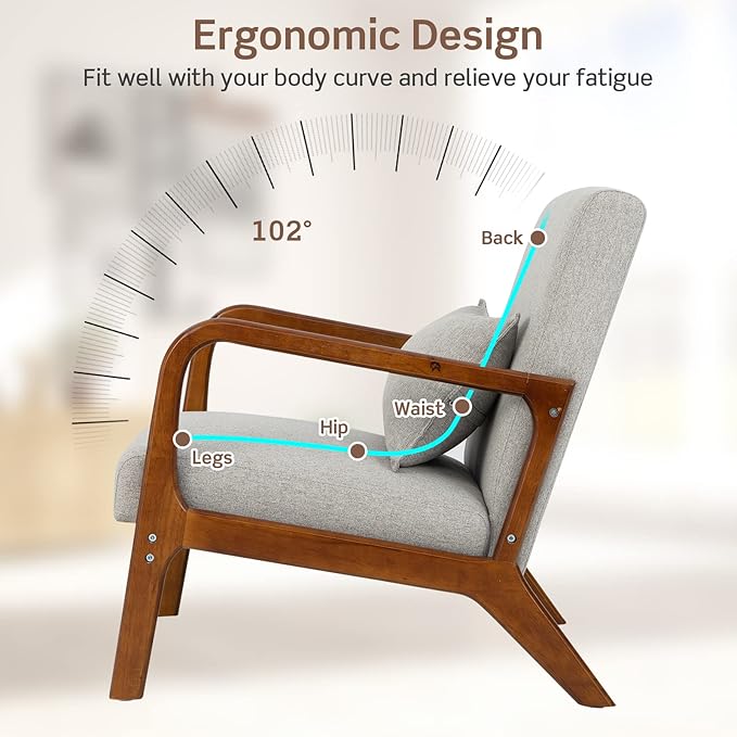 KOTEK Mid Century Modern Accent Chair with Lumbar Pillow Reading Arm Chair with Rubber Wood Frame Upholstered Seat &amp Back Waist Cushion Fabric Lounge Armchair for Living Room Bedroom (Grey)