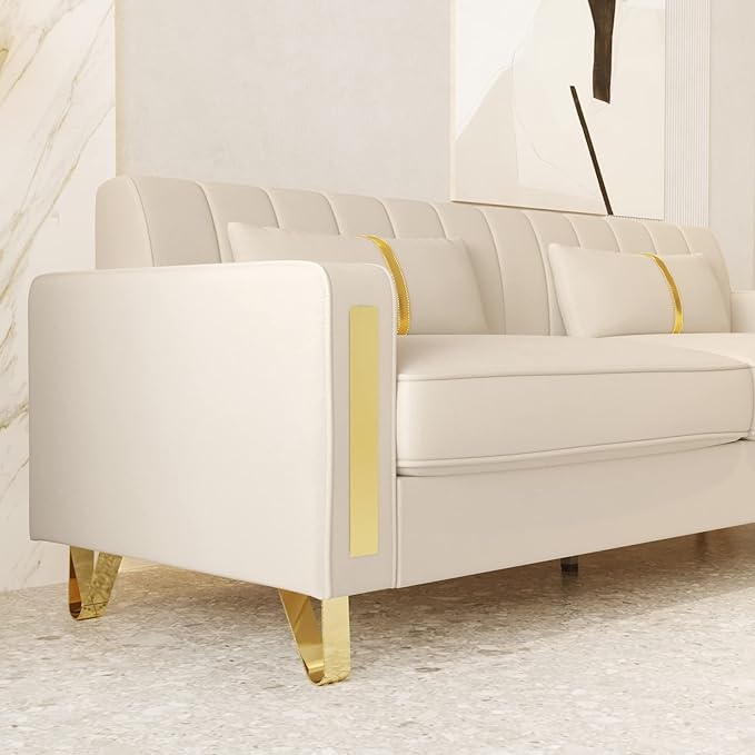 85.63 Modern Velvet Sofa with Gold Metal Legs Large Upholstered Mid Century Modern Comfy 3 Seater Couches for Living Room Bedroom Office (Beige)
