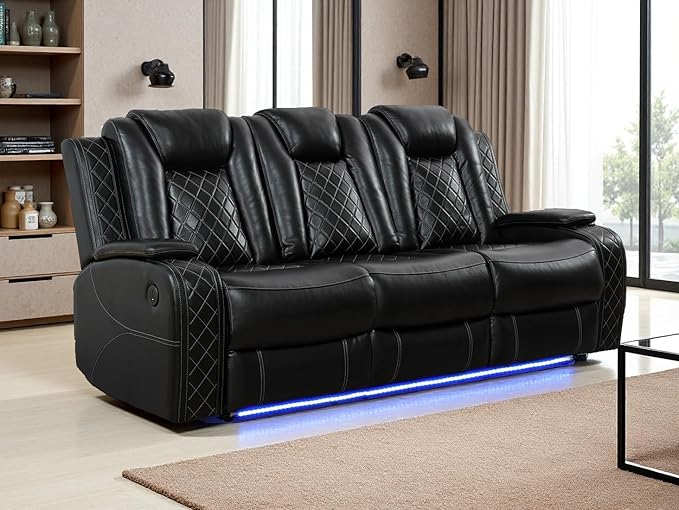 Power Leather Recliner Sofa Set with LED Light Living Room Furniture Sets Black Breathing Leather Power Reclining Sofa Couch with 2 Recliner Seats/Storage Console/USB Port for Living Room