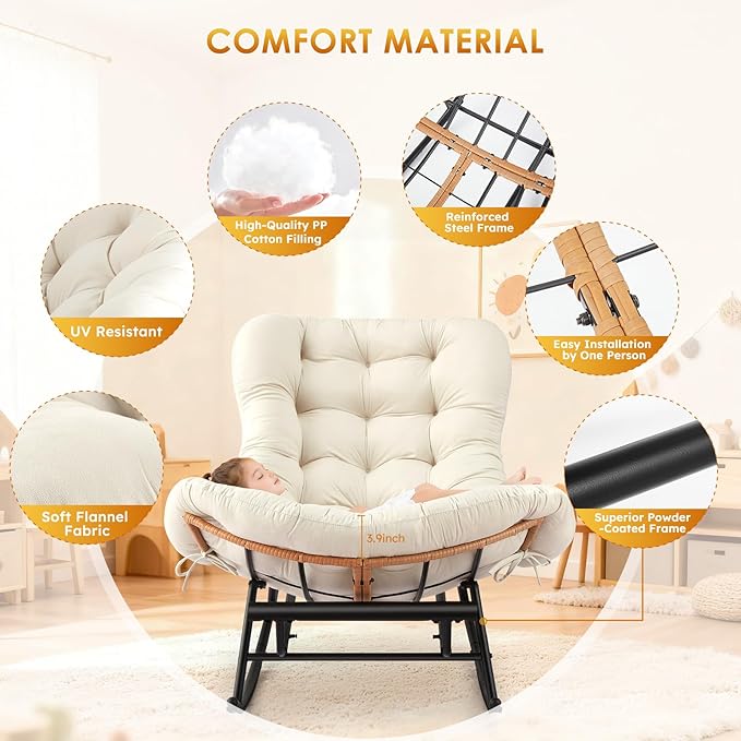 IDEALHOSUE Papasan Rocking Chair with Foot Rest Ergonomic Papasan Chair with Thick Soft Cushion Metal Frame &amp PE Rattan Lounge Chairs for Living Room Bedroom Relaxation Space