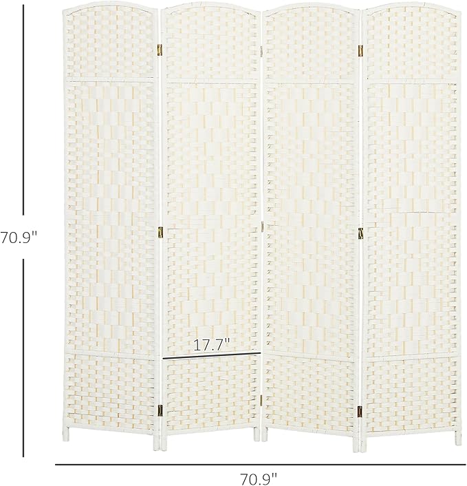 HOMCOM Room Divider 6 Ft 4 Panel Folding Privacy Screen Hand-Woven PP Wall Partition with Pine Wood Frame Freestanding Room Separator for Bedroom Home Office No Assembly White