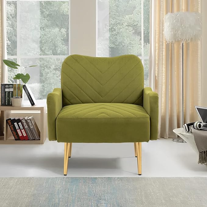 Velvet Accent Chair Comfy Upholstered Living Room Arm Chair Single Reading Sofa Chairs for Bedroom Office Small Spaces Waiting Room Furniture (Olive Chair)