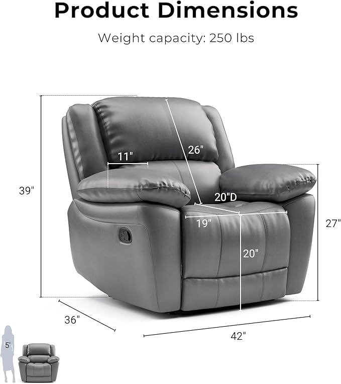 Furniture of America Sorin Modern Leather Recliner Chair with Pillow Armrests and High Density Foam Reclining Sofa Comfortable Couch for Living Room Office FSC Certified Dark Gray