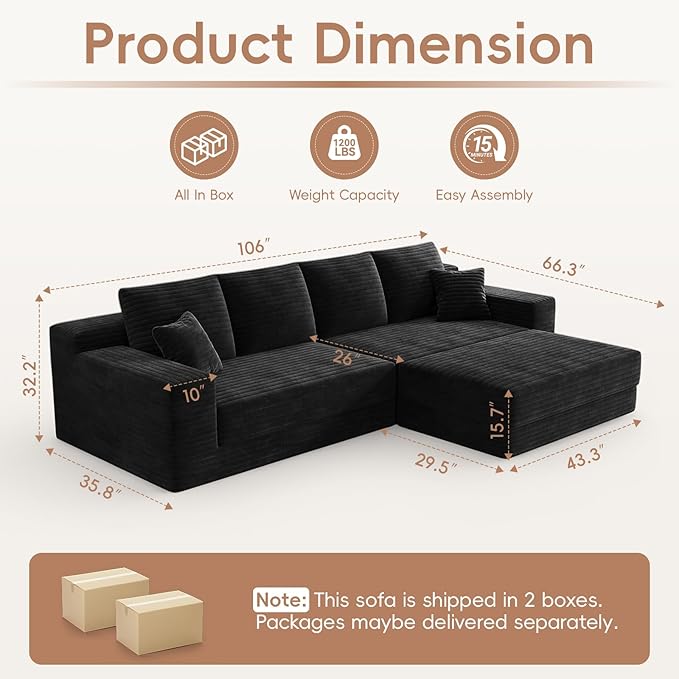 106 Modular Cloud Sofa - Boneless Couch Convertible Sectional with High Density Foam 4-in-1 Sofa Bed/Tatami/L-Shape Couch No Assembly Required