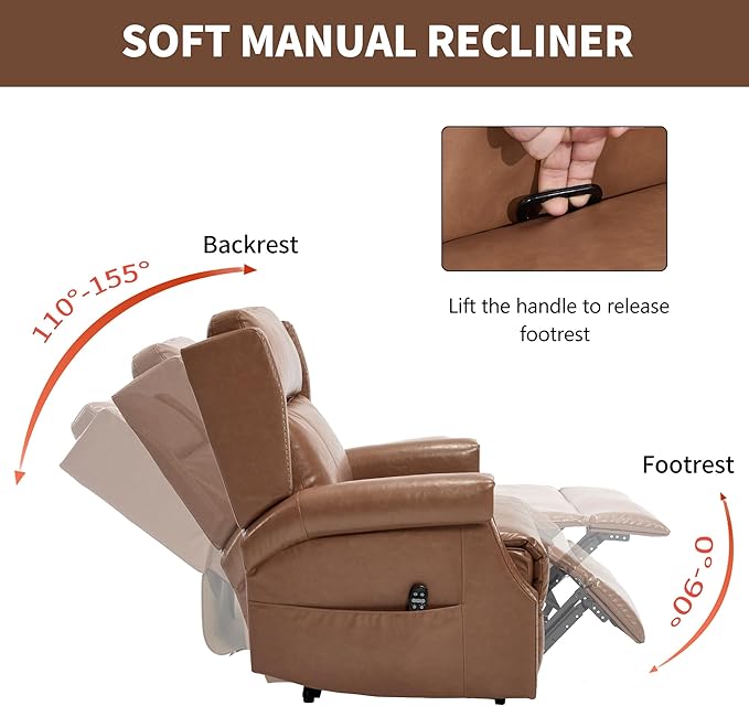 KEIKI Oversized Recliner Chair Manual Leather Recliner Chair with 8 Vibration Back Massager and Heating for Living Room Fiber Foam Moderen Rocking Lounge Reading Chair Camel