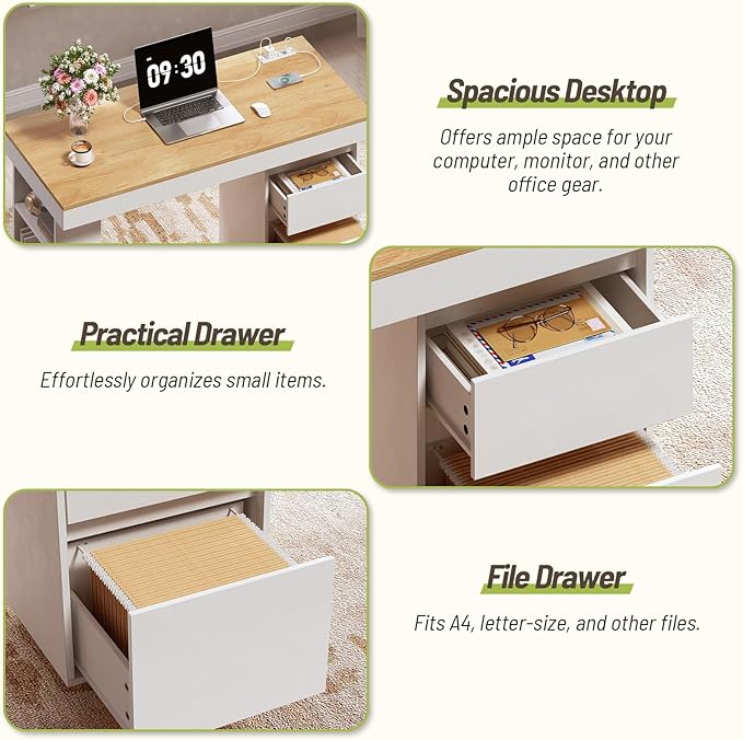 55'' Modern Executive Desk with Drawers Set of 2 Wooden Computer Desk with File Drawer and Charging Station 3-Tier Open Side Shelf for Home Office and Living Room Natural and White