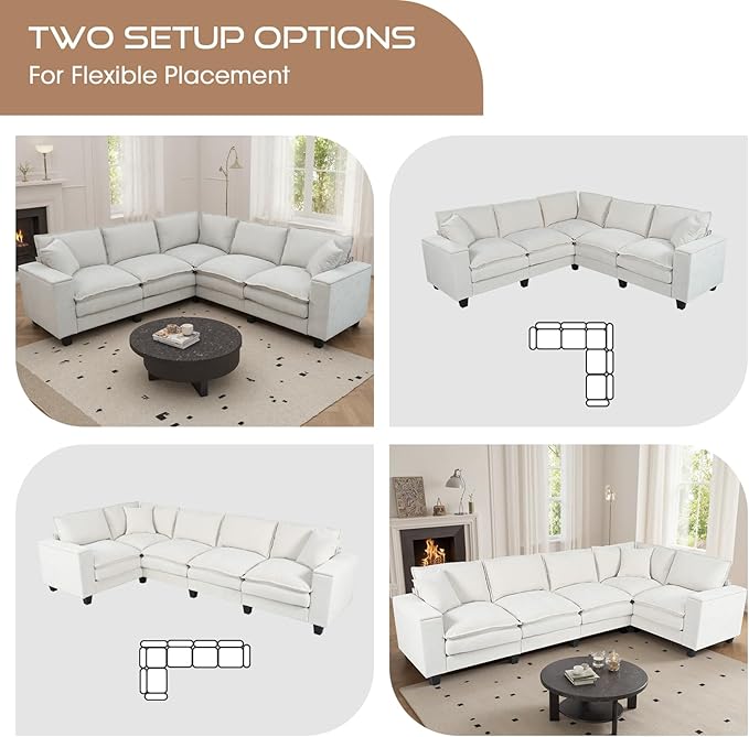 97 5 Seater L Shaped Couch Corner Sofa Oversized Cloud Couch with 2 Pillows Chenille Modular Sectional Sofa Armrests with Two Hidden Storage Space Sectional Couches for Living Room Beige