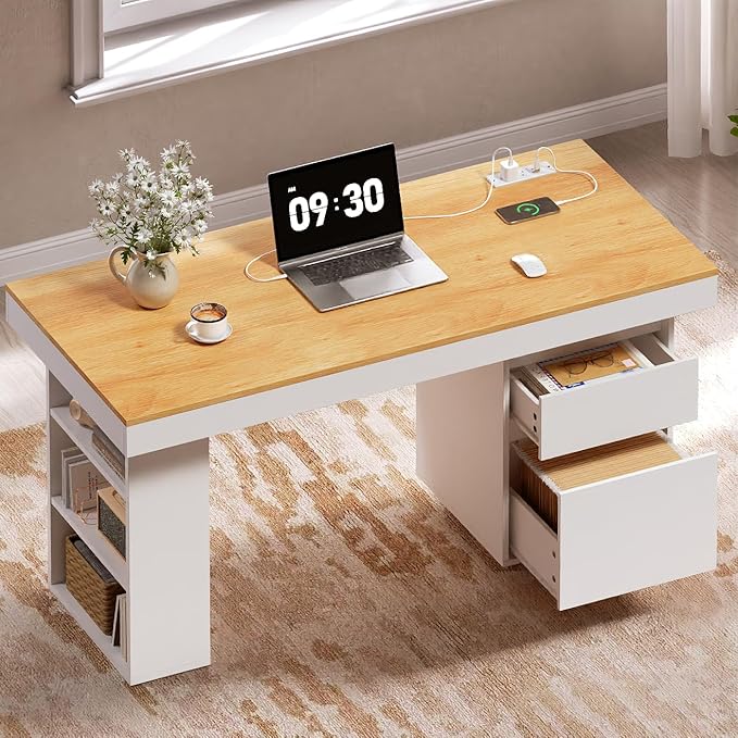 55'' Modern Executive Desk with Drawers Set of 2 Wooden Computer Desk with File Drawer and Charging Station 3-Tier Open Side Shelf for Home Office and Living Room Natural and White