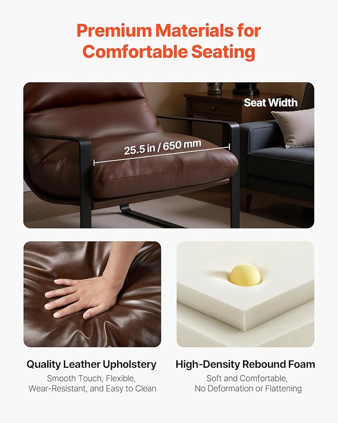 VEVOR Accent Chair Modern PU Leather Armchair Cozy Upholstered Chair with Soft Foam Cushioning Sturdy Metal Frame and Detachable Cushion for Living Room Bedroom Reading Room Office Brown