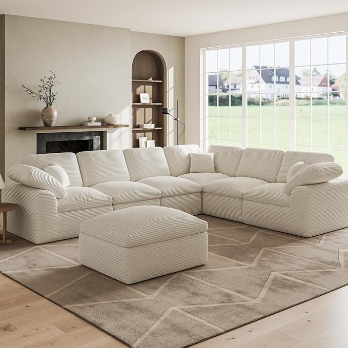 Cloud Sectional Couches for Living Room 7 Seater Cloud Modular Couch L Shaped Corduroy Sectional Sofas with Ottoman Boneless Comfy Sofa for Apartment No-Assembly Cream