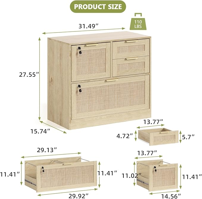 HOPUBUY Lockable 4 Drawers File Cabinet Set of 2 Lateral Filing Cabinet with Printer Stand for Home Office and School Wood Rattan File Cabinet for Hanging Files/Letter/Legal/A4/F4 Size Oak