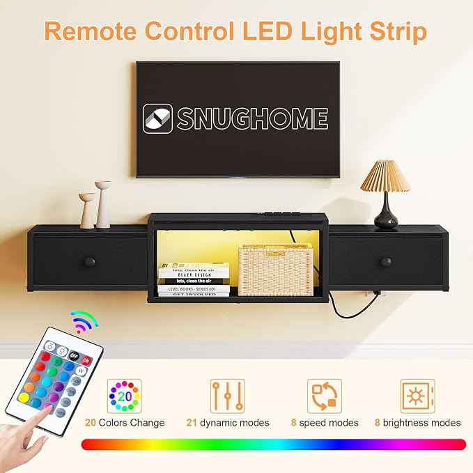 Snughome Floating TV Stand Wall Mounted with Power Outlet 55 Floating Entertainment Center with LED Lights Floating TV Shelf with Drawer Wall Mounted Media Console Shelf for Living Room Bedroom