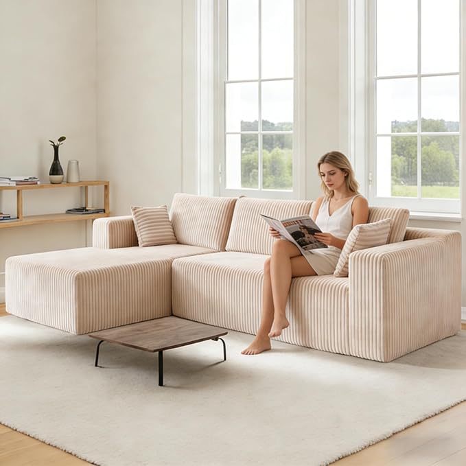110” Cloud Sectional Couch Compressed Modular Sectional Sofa with Deep Seat Comfy Fluffy Boneless Couch with L-Shaped Chaise Minimalist Modular Sofa Sleeper for Living Room Beige
