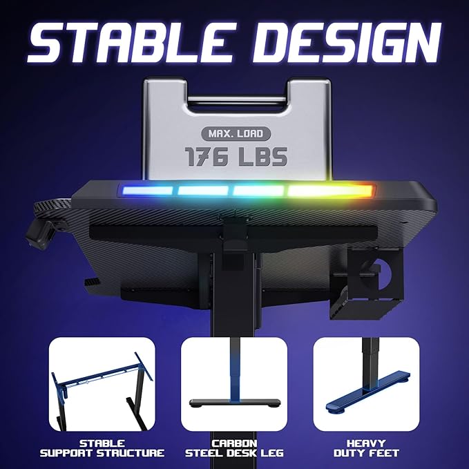Gaming Standing Desk with LED Lights &amp Host Shelf 55 x 24 Gaming Table with Music Sensing APP Control Underdesk Cable Storage Electric Standing Desk Black Carbon Fiber PC Table for Home Offic