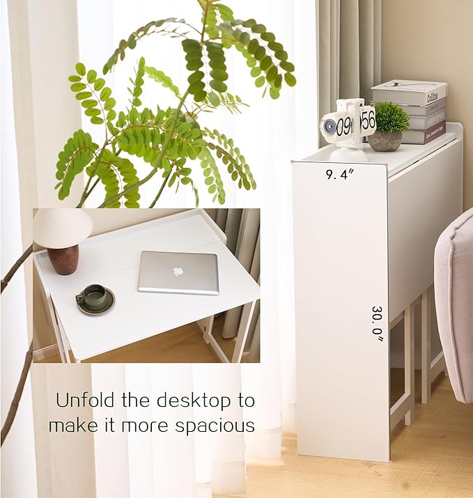 KEIKI 32.6 Folding Table with Storage Shelf Foldable Computer Desk for Small Spaces Space-Saving Study Table for Bedroom Home Office Dorm and Apartment Ancient White