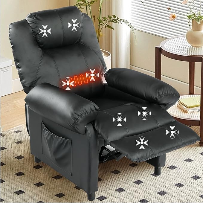 KCREAM Pushback Recliner Chair with Massage and Heat Overstuffed Manual Reclining Chair Single Sofa for Living Room Push Back Small Leather Recliner Black