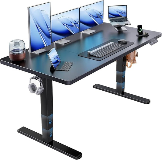 HUANUO 60x30 Inch 3-Stage Legs Electric Standing Desk Large Height Adjustable Office Desk with Brushless Motor Stand Up Desk with 4 Memory Presets &amp 2 Hooks Computer Desk for Home Office Black