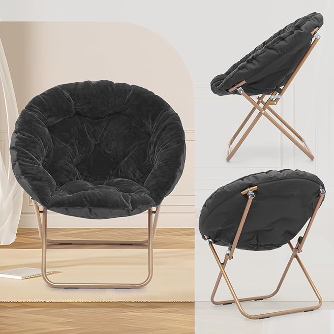 Athena Collection Round Saucer Chair with Ottoman Set for Adults Oversize Comfy Cozy Faux Fur Folding Reading Chair with Metal Leg Lazy Relaxing for Living Room Bedroom Dorm Apartment Black