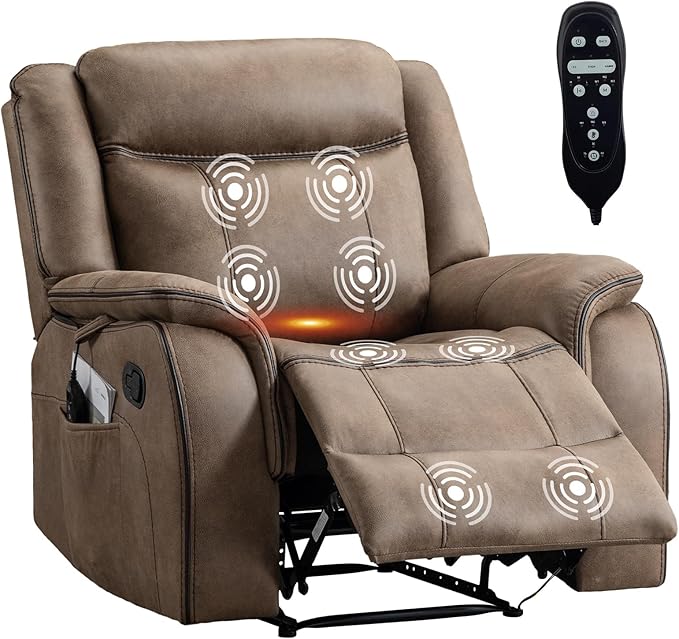 Massage Recliner Chair with Heat Faux Leather Recliner Chairs for Adults 39 Wide Manual Reclining Ergonomic Lounge Chair Overstuffed Wall Hugger Recliners for Living Room Nut Brown