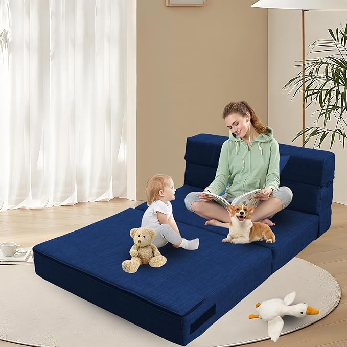 Folding Sofa Bed Couch Memory Foam with Pillow Sleeper Chair Lazy Couch Twin Size Futon Convertible Guest BedsWashable CoverDark Blue