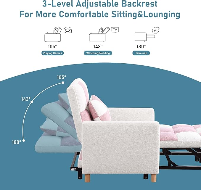 Convertible Sleeper Sofa Chair 3 in 1 Multi-Function Folding Ottoman Couch Sigle Pull-Out Bed with Adjustable Backrest and Pillow for Living Room Apartment Office Pink&ampWhite