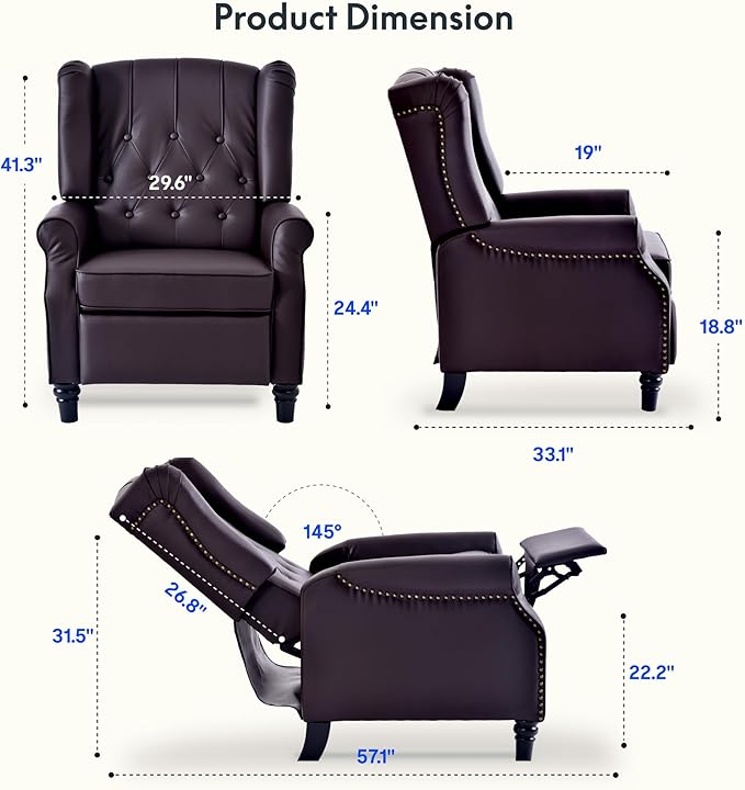 FLEXISPOT XC5 Pushback Recliner Chair for Adults Mid Century Wingback Accent Chair with Rivet Decoration Tufted Upholstered Single Sofa Armchair for Living Room Bedroom Study (Fabric White)