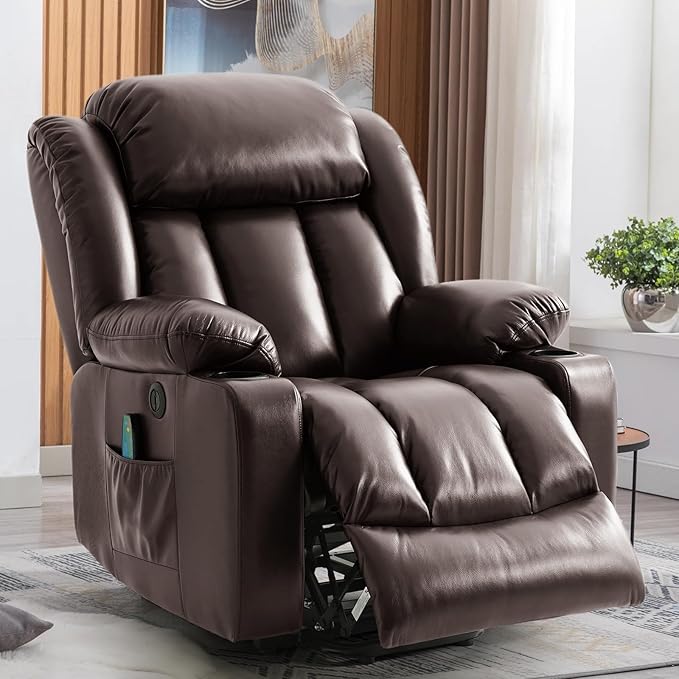 Power Lift Recliner Chair for Elderly Electric Recliner Chairs for Adults with Massage and Heat Cup Holders Remote Control Side Pockets USB Ports Leather (Brown)