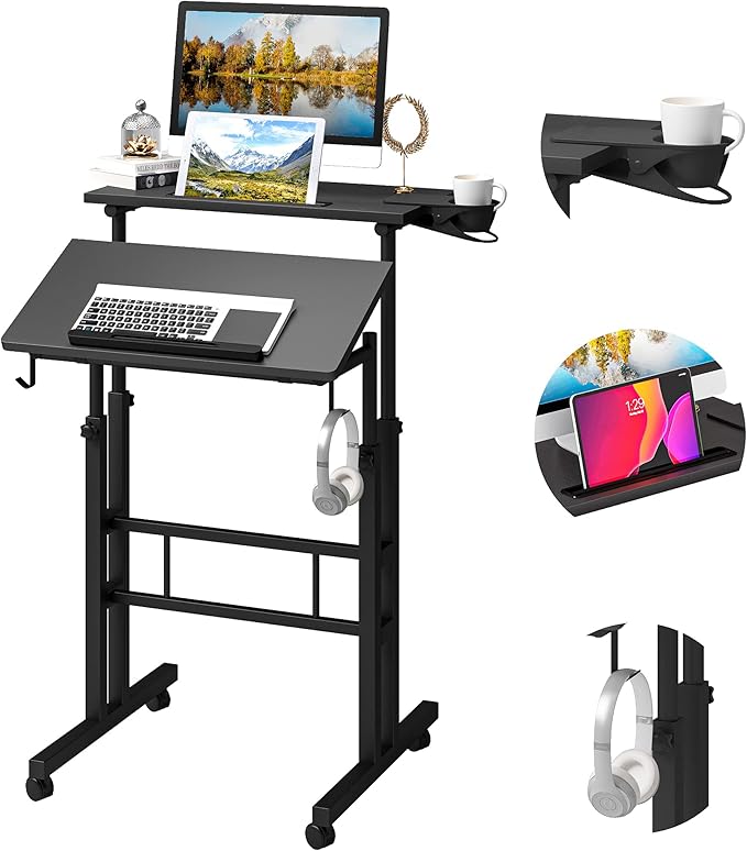 Klvied Adjustable Height Standing Desk with Cup Holder Portable and Easy to Move Ideal for Home or Office Black