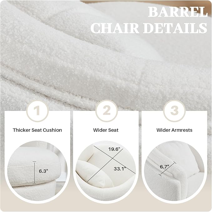 Swivel Accent Chair 360 Degree Round Swivel Barrel Chair with Pillow Widened Upholstered Boucle Chair Comfy Sherpa Barrel Armchair for Living Room Bedroom Reading Room White