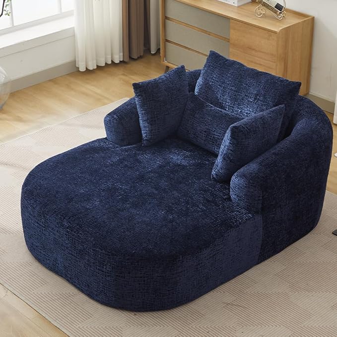 Oversized Chaise Longue Chair Indoor Modern Upholstered Chenille Deep Seat Sofa Bed with Throw Pillows and Armrests Sleeper Sofa Couch for Living Room Bedroom Apartment (Blue)