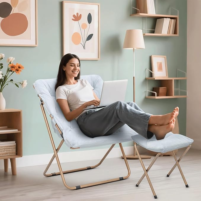 Cozy Saucer Chair Living Room Chair Faux Fur Soft Thick Padded Folding Chair Comfortable Square Moon Chair for Living Room Bedroom Reading Nook Modern Style 2 Pack Light Blue