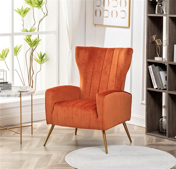 Modern Velvet Accent Chair Channel Tufted Bedroom Office or Living Room Furniture with Elegant Metal Legs 26 Wide Armchair Orange Red