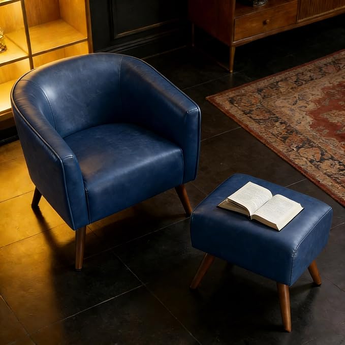 EJUNQ Accent Chair with OttomanModern Barrel Chair and FootrestMid Century Living Room ChairsUpholstered Armchair for Living Room/Bedroom/Reception Room/OfficeDark Blue