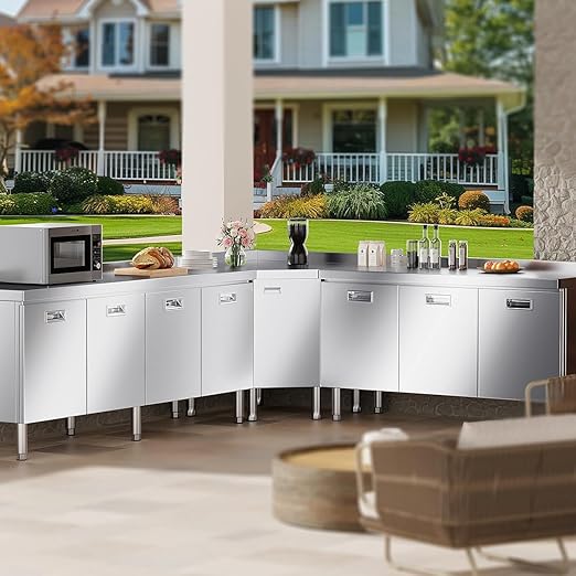 ZZV 55 x 21 Stainless Steel Table Cabinet for Prep &amp Work Heavy Duty Prep Table with 3 Pull-Out Doors Commercial Workbench with Cabinet for Kitchen Restaurant Hotel Garage and Warehouse