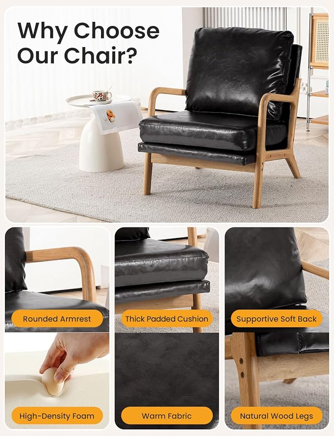 Mid Century Modern Accent Chairs for Living Room 23” Wide Comfy Chair for Bedroom Small Cozy Leather Reading Chairs for Adults 108° Lounge Arm Chair Indoor with Detachable Cover 5.5 Foam Cushion