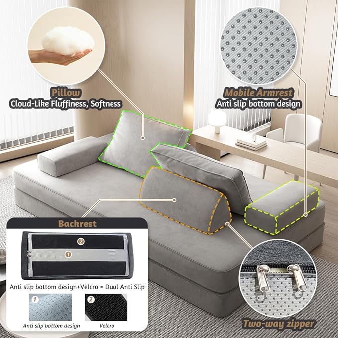 Folding Convertible Sofa Bed 86.6 Inch Chenille Boneless Couch Loveseat Sleeper with Pull Out Bed DIY Floor Sofa Futon Couchs for BedroomLight Gray
