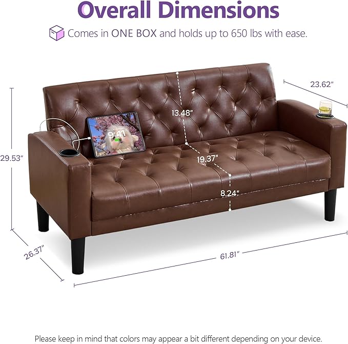 TYBOATLE 62 W Leather Loveseat w/Chairs 2 Piece Sofa Sets for Living Room w/ 2 USB Charger Ports and 2 Cupholders Living Room Furniture Sets of 2 (2 Brown)