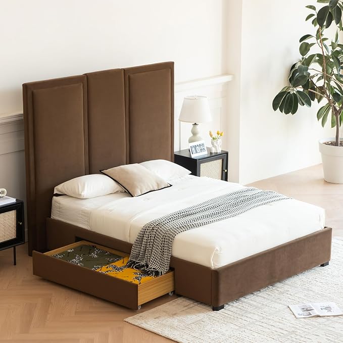 YUHUASHI Queen Size Bed Frame with 64-inch High Headboard Simple and Airy Linen Upholstered Platform Bed with Storage Drawers Wood Slat No Noise (Brown Queen)