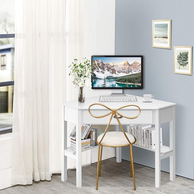 Tangkula White Corner Desk with Drawer Storage Shelves for Computer Makeup Vanity Desk for Small Space 90 Degrees Triangle Desk
