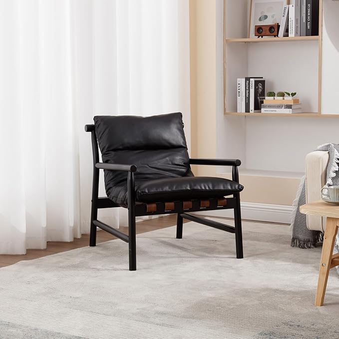 DUOMEI Faux Leather Accent Chair Mid Century Modern Living Room Chairs with Solid Wood Frame Upholstered Lounge Reading Chair Comfy Arm Chair Cozy Recliner for Bedroom/Guest Room Black