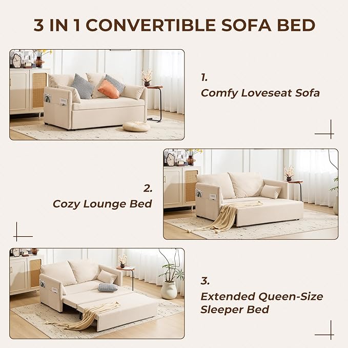 Furnimart 62 Queen Sleeper Sofa 3 in 1 Convertible Loveseat Sleeper Pull Out Sofa Bed with 6-Position Adjustable Backrest Modern Futon Couch for Living Room Apartment RV Linen Beige