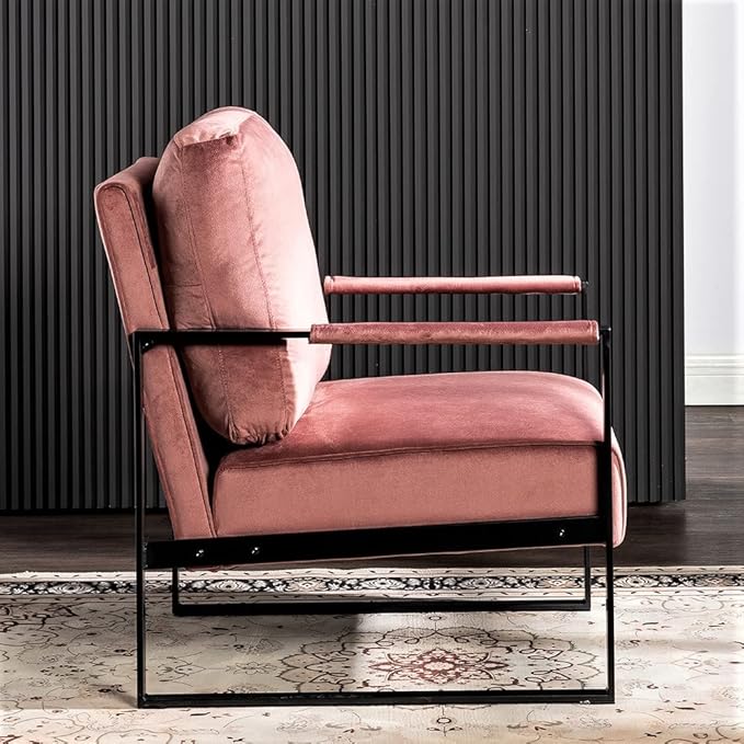 Container Furniture Classic Mid Century Modern Accent Chair with Durable Square Metal Frame Armchair for Living Room Bedroom Home Office in Plush Velvet Upholstery Rose