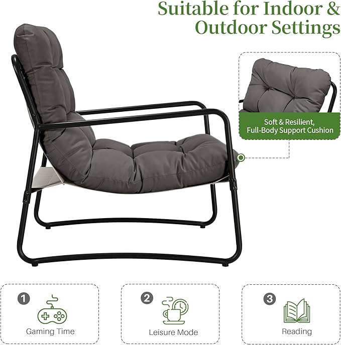 Modern Accent Chair Living Room Chair with Metal Frame &amp Armrest Comfy Reading Chair Leisure Sofa Armchair with Soft Cushion for Bedroom Balcony Lounge Reading Room Grey