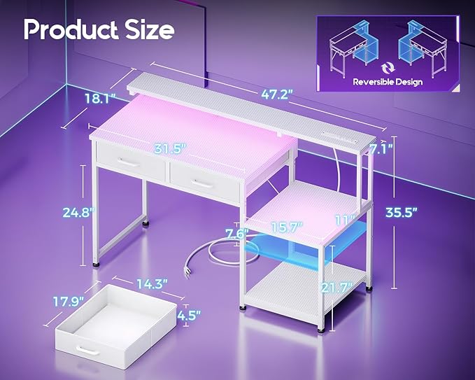 ODK Gaming Desk with Led Lights &amp Power Outlet 48 Inch Computer Desk with Drawers Office Desk with Large Display Storage Shelves Reversible Desk with Monitor Stand for Home Carbon Fiber White