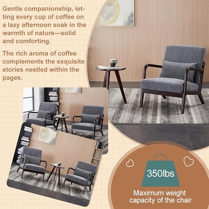 Mid Century Modern Accent Chair with Side Table Upholstered Corduroy Armchair with Lumbar Pillow Solid Rubberwood Frame for Living Room Bedroom Reading Nook Dary Grey/Walnut