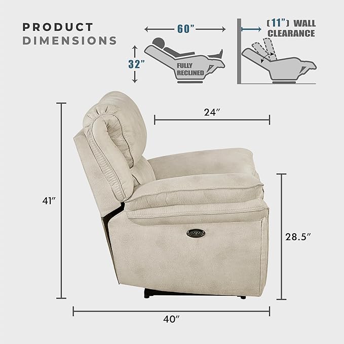 Lexicon Power Reclining Chair for Adults Polished Microfiber Power Recliner Single Sofa Chair for Bedroom/Living Room/Reading Nook Foam Over Pocket Coils Pillow Top Arms Charging Port Sand